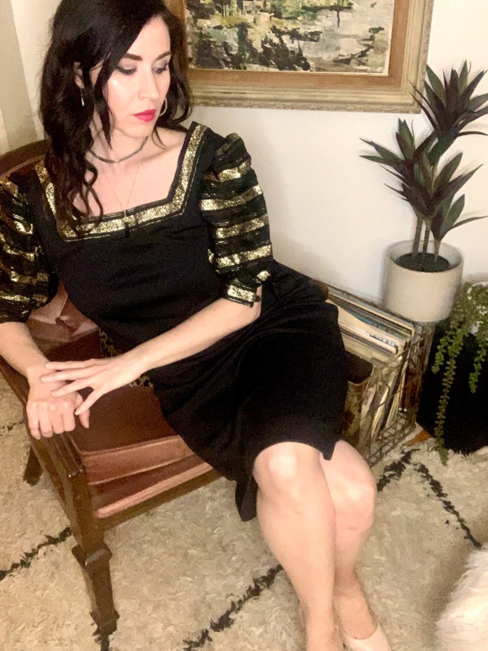 Vintage Sakowitz Dress with Gold Trim Puff Sleeves